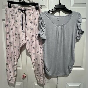 2 Pc PJ Set 🩷🩶LIFE IS GOOD Pink Patterned Pajama Pants & Light Gray Top